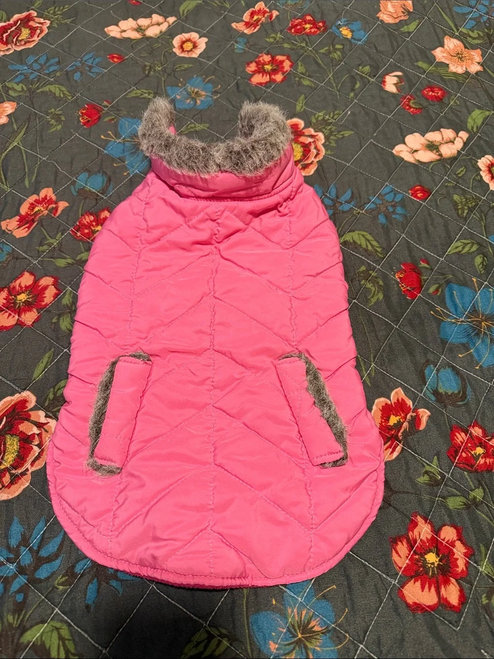 Pink Quilted Pet Puffer Jacket with Faux-Fur Trim